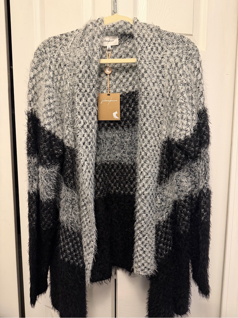 Johnny Becca Black & Gray Open-Front Fuzzy Knit Cardigan